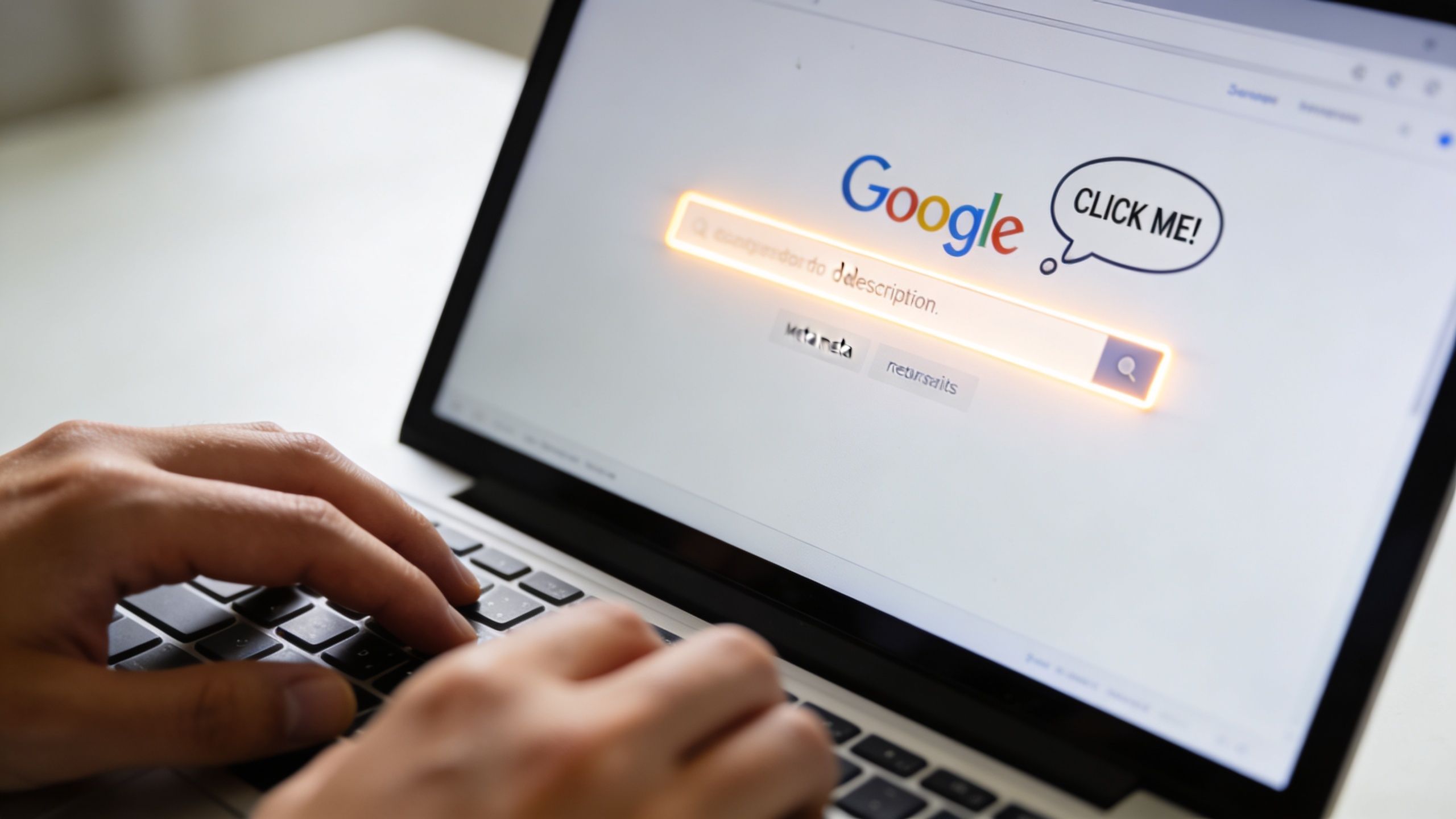 A close up view of a person using a laptop to type a meta description into Google search.