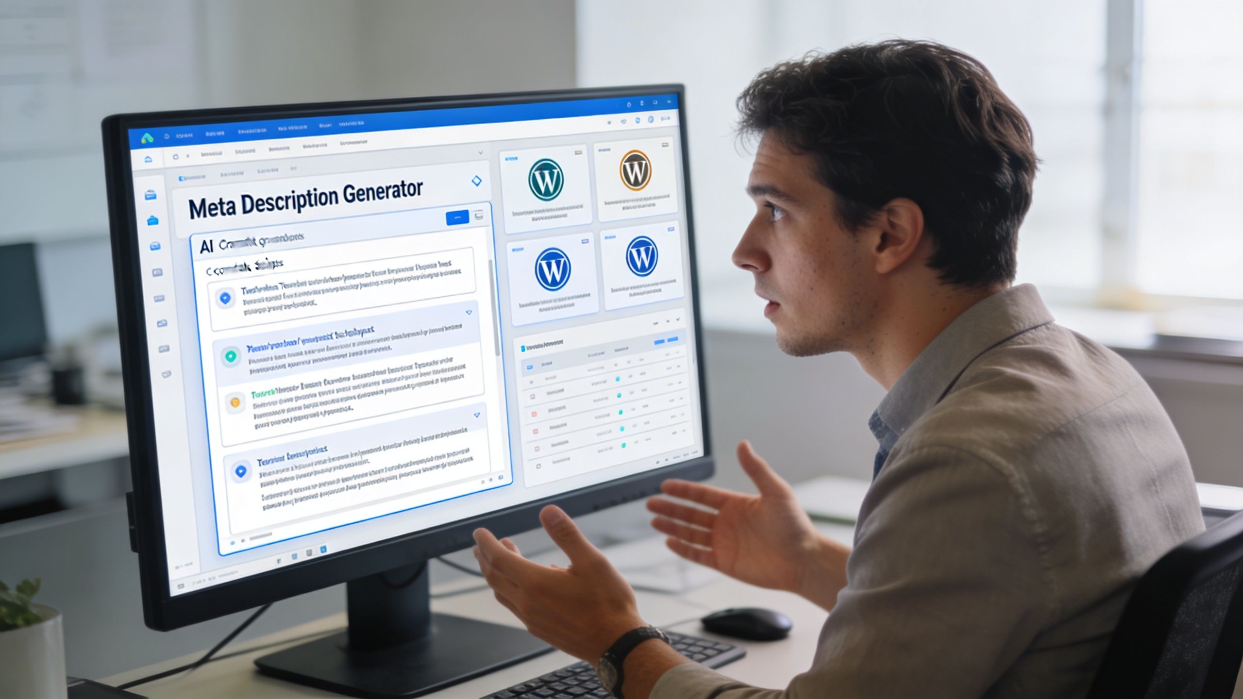 A professional man explaining digital content while looking at a meta description generator on his computer screen.