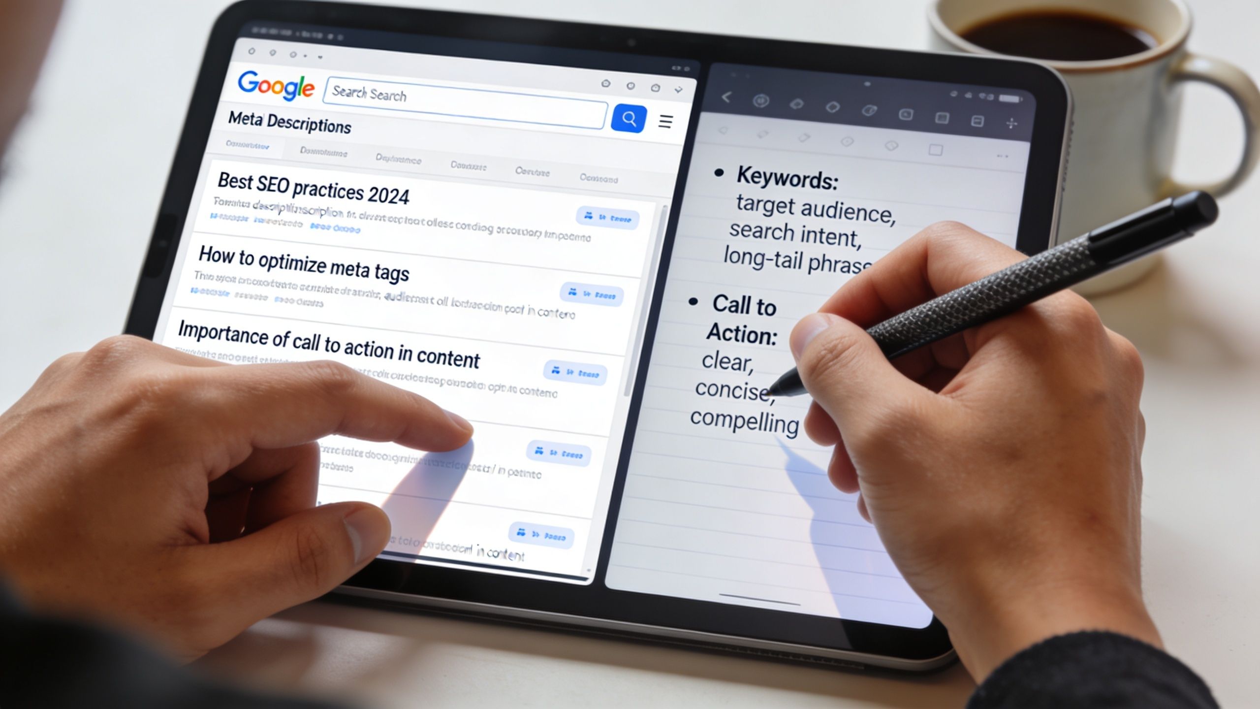 A person uses a digital tablet to research meta description SEO strategies with a stylus and touch.